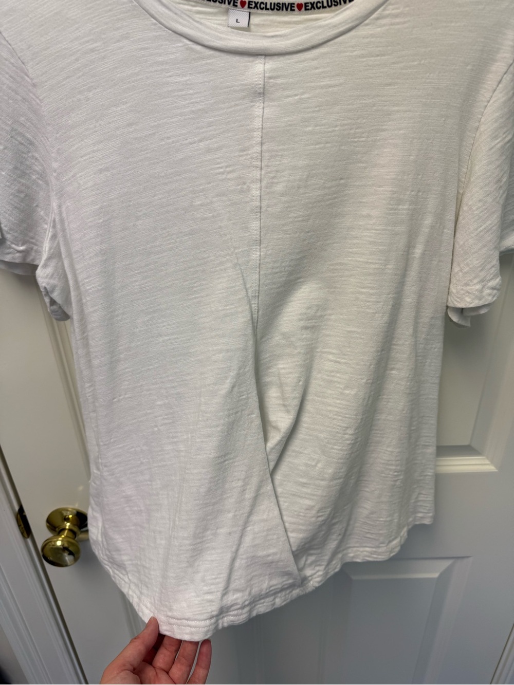 EXCLUSIVE White Slub Knit Asymmetrical Crossover Wrap Tee L - Picture 3 of 6